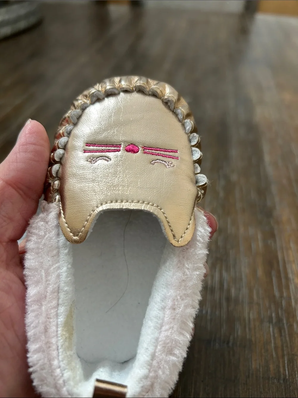 Kids Metallic Gold Cat Slippers with Pink Lining